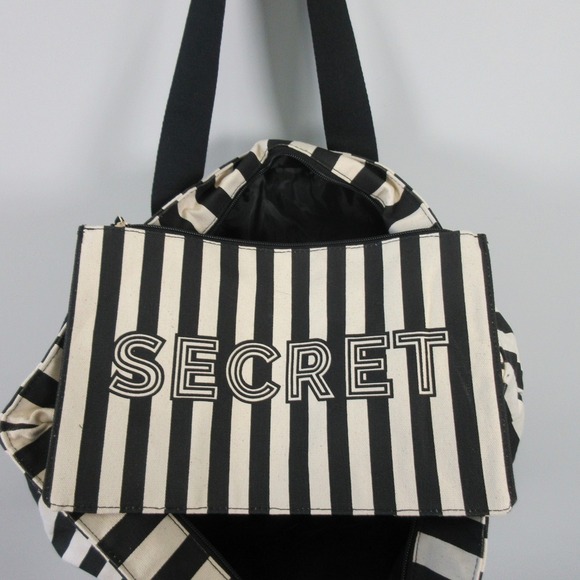 Victoria's Secret Canvas Tote Bag w/ Pouch Black White Striped Gym Travel 534 - Picture 3 of 12